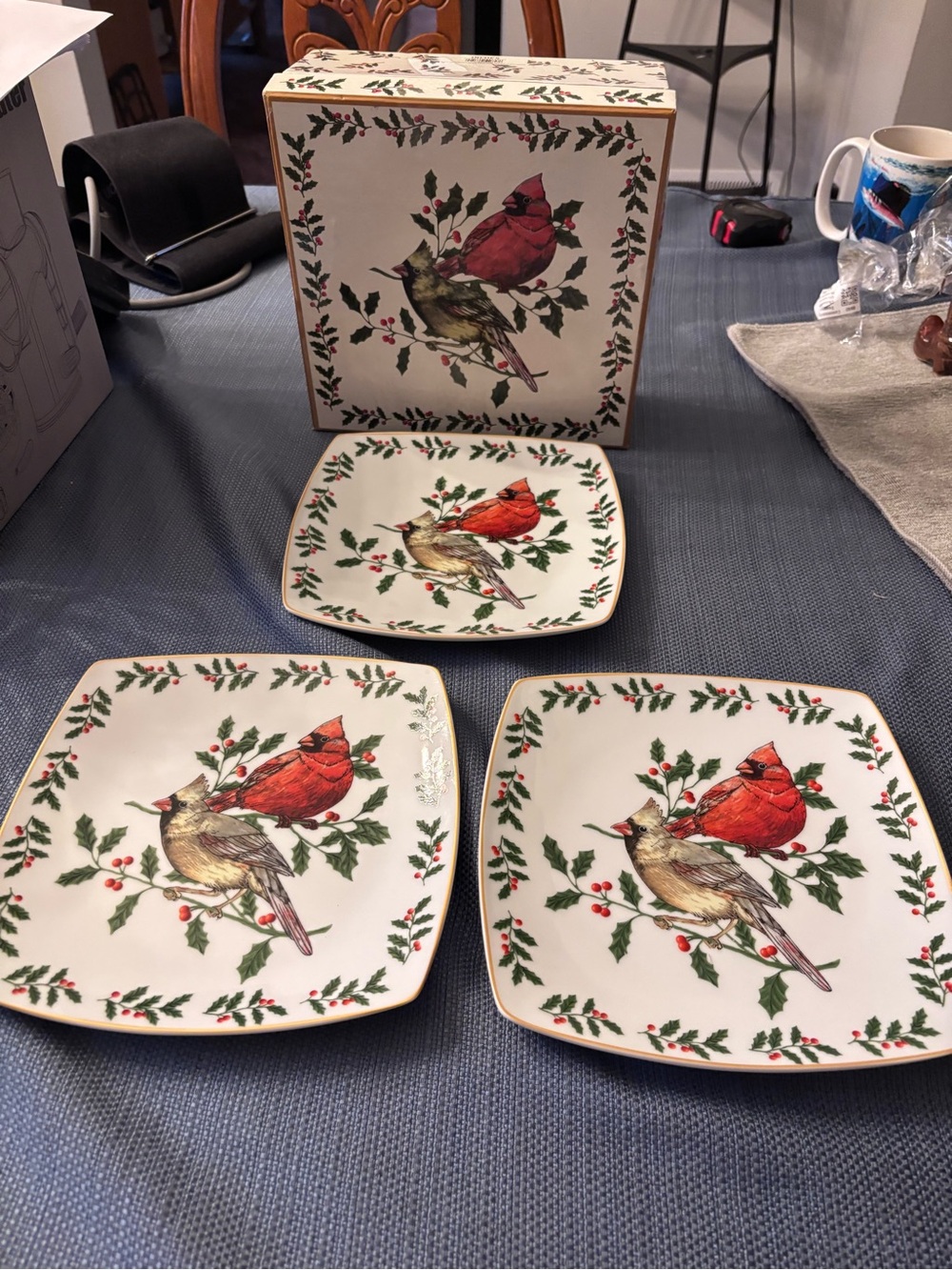 Christmas Cardinal dessert plate set of 3 vintage with original box